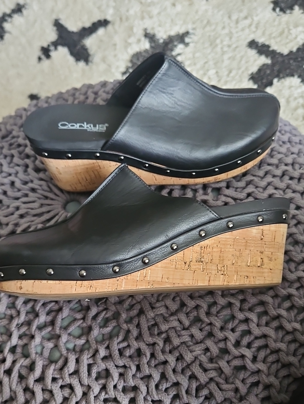Corkys Marley Black Leather Cork Wedge Studded Clogs